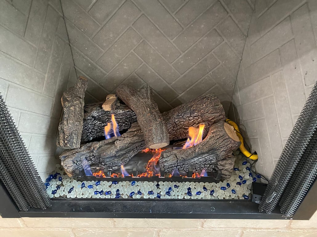 Herringbone Back Panel Burning Gas Log Installation Falls Church VA - Sixpenny Chimney Sweeps