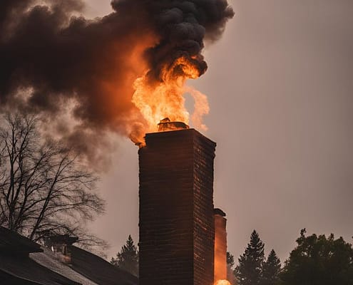 Chimney Fire on Brick Masonry Chimney spreading on rooftop